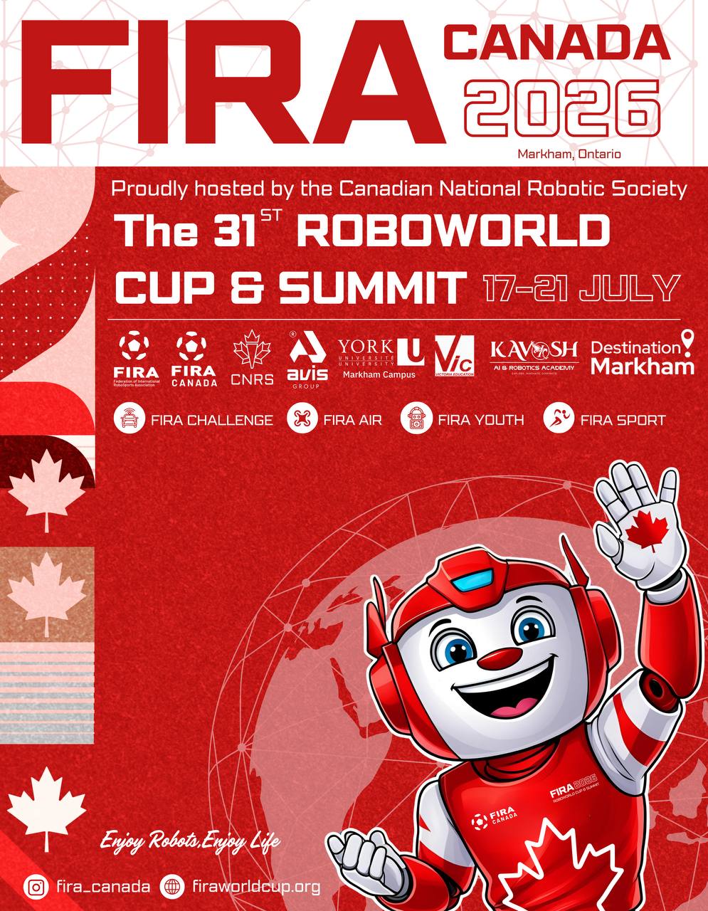FIRA Canada 2026 poster — the 31st RoboWorld Cup and Summit, Markham